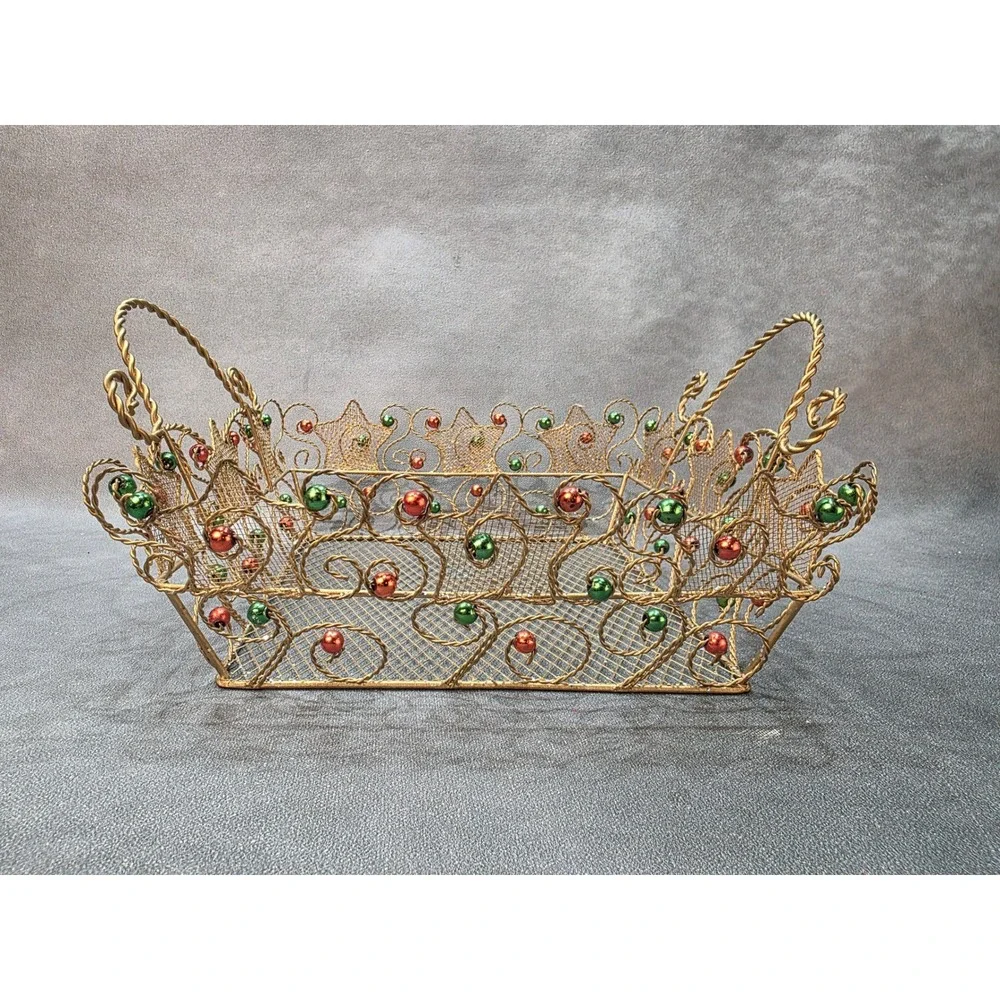 Vintage Gold Wire Mesh Christmas Basket Red Green Beads Holiday Decor